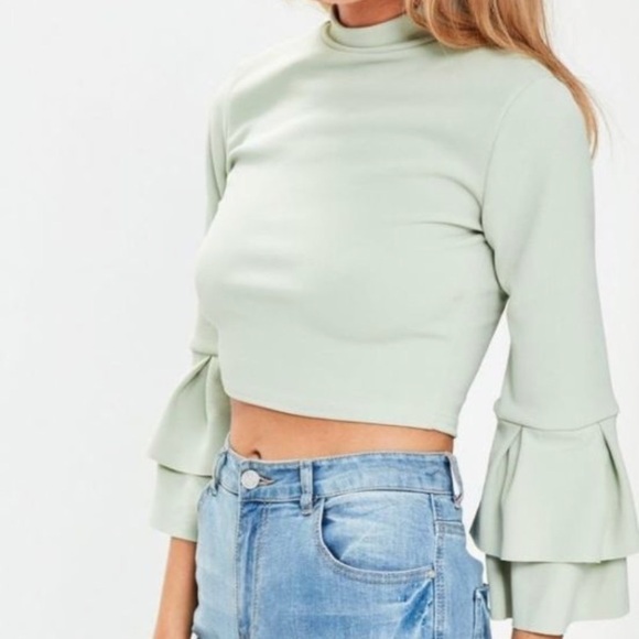 Missguided Green Ruffle Sleeve Crop Top RARE!! Y2K - Picture 2 of 5
